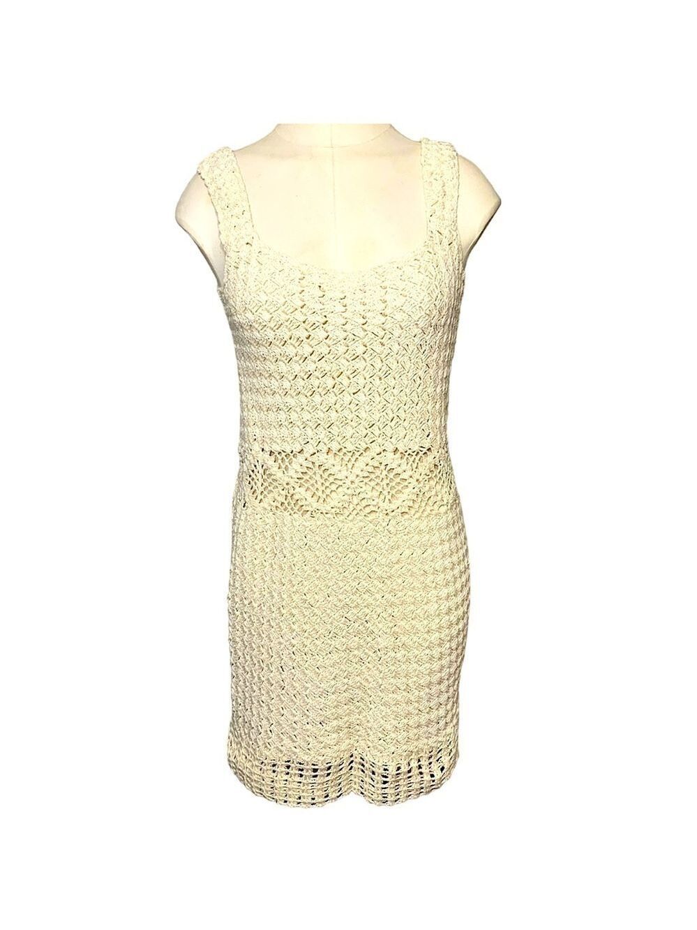 Handmade Crochet Knit Mini Dress Sz XS/S Beige Sleeveless Feminine Bodycon